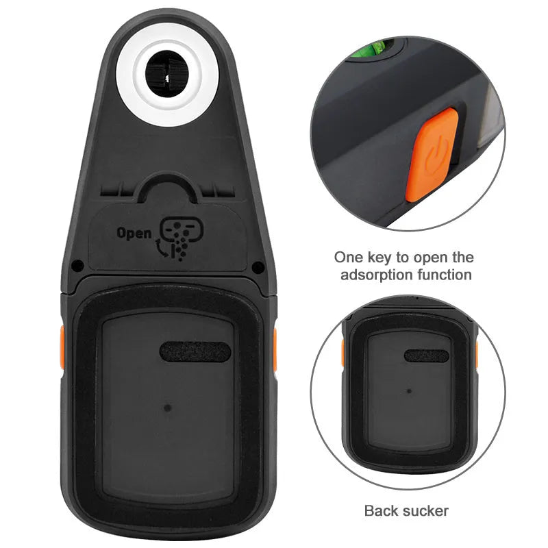 Red laser level with dust collection bracket, showing compact dimensions and built-in rechargeable battery.