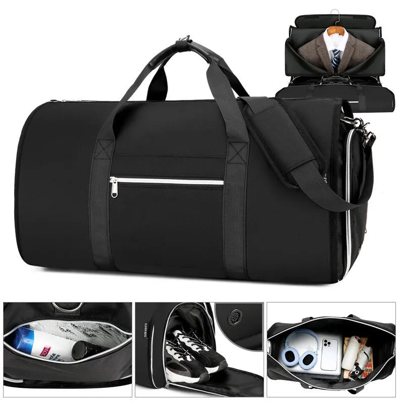 Black Oxford cloth storage bag with compartments for dry and wet item separation
