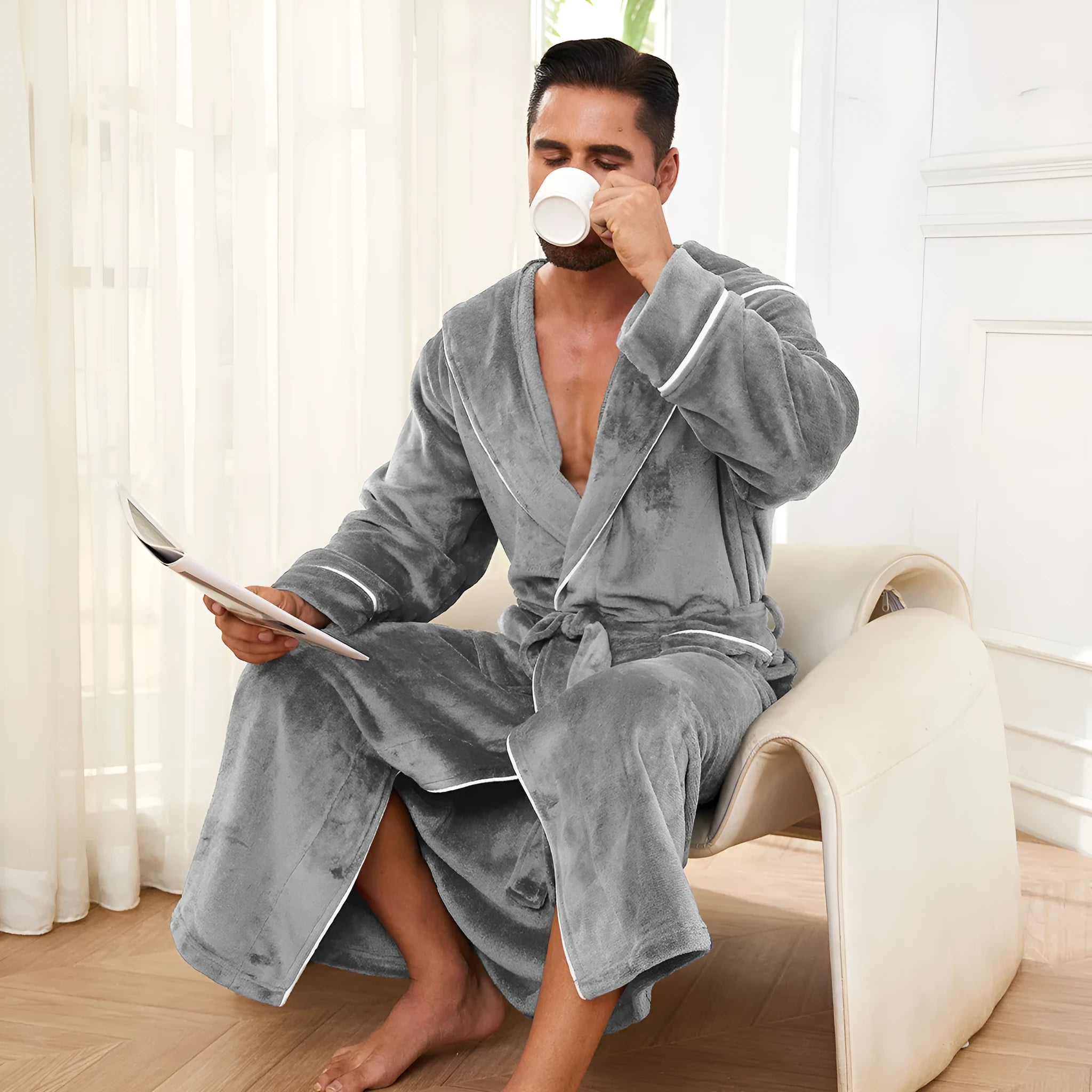 Men's flannel bathrobe pyjamas in light grey, dark blue, black colours with European American style sizing