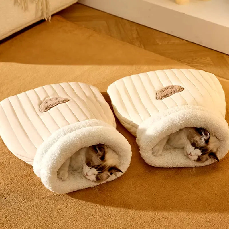 Cat sleeping bag nest with fleece fabric exterior and bear pattern in light brown colour
