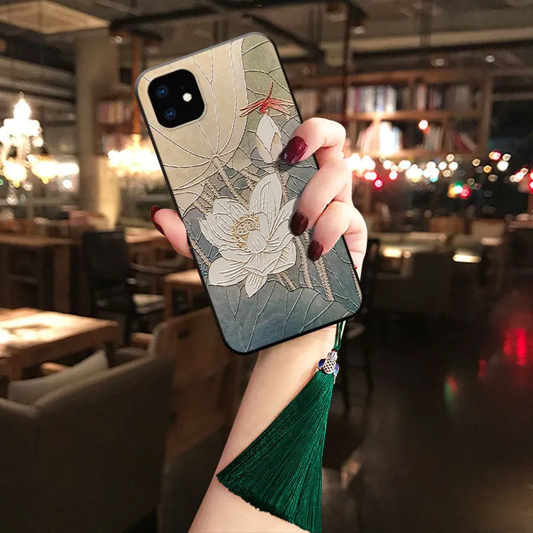 Custom soft TPU phone case with magnolia magpie design, dark green tassel and h-ring, suitable for iPhone 11 Pro Max