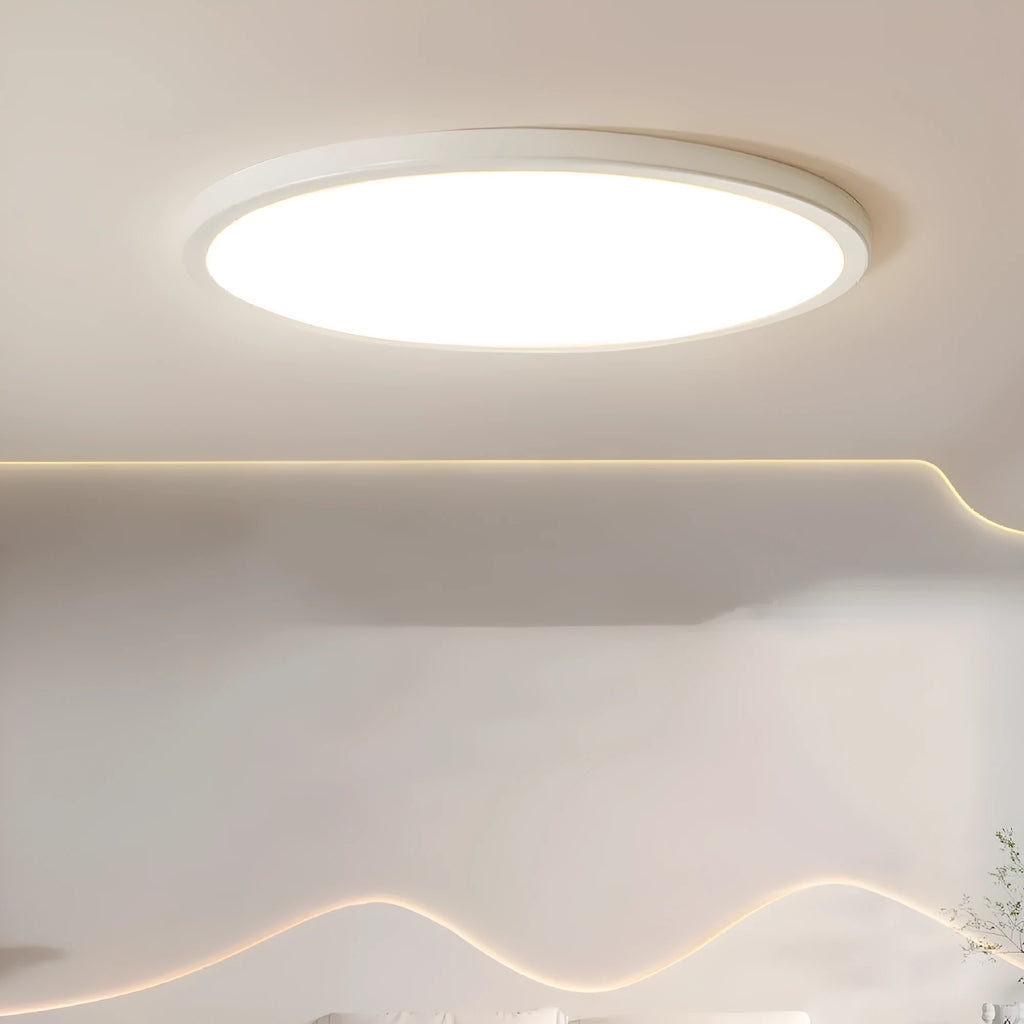 Ultra-thin round white LED ceiling lamp with aluminium frame and acrylic shade on ceiling