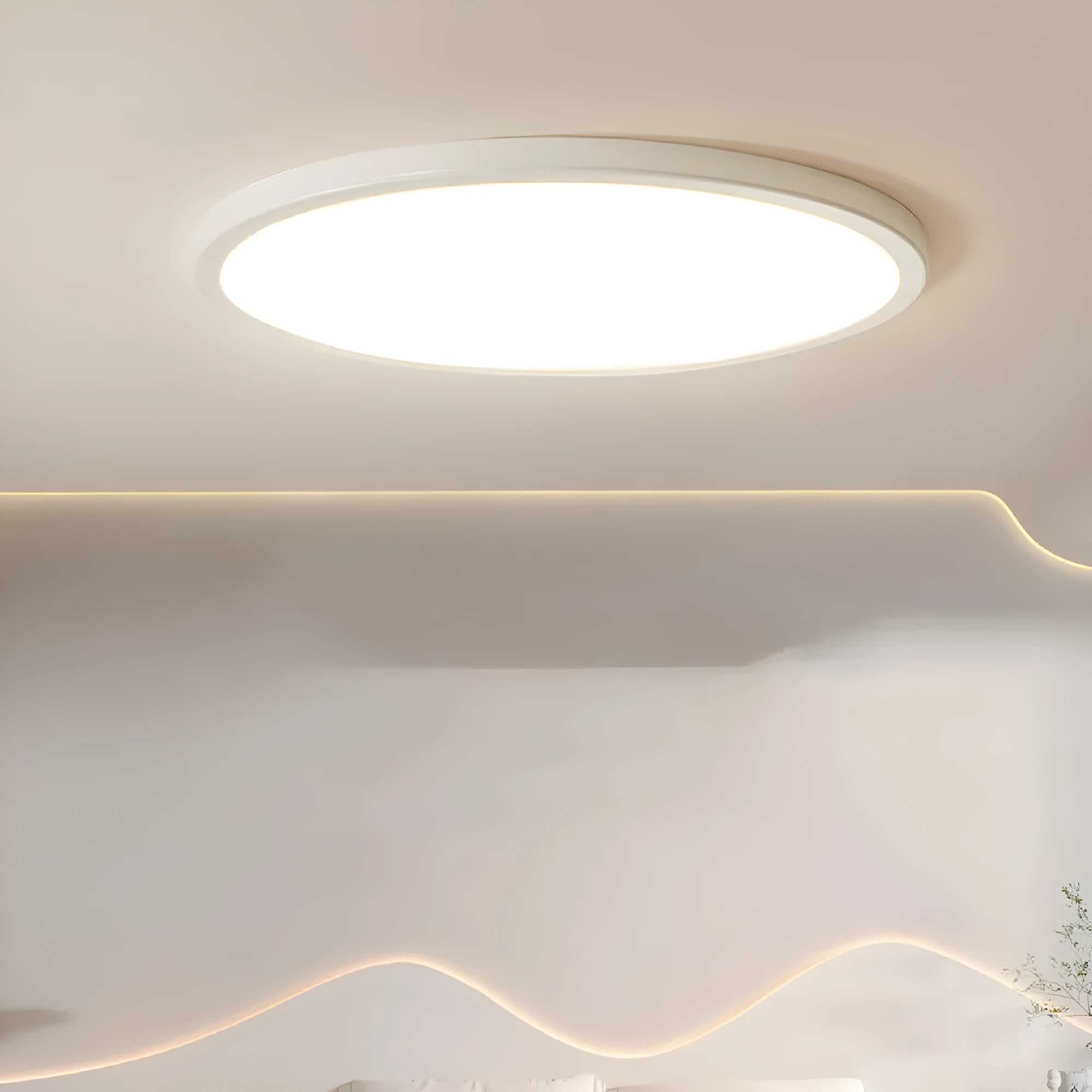 Ultra-thin round white LED ceiling lamp with aluminium frame and acrylic shade on ceiling