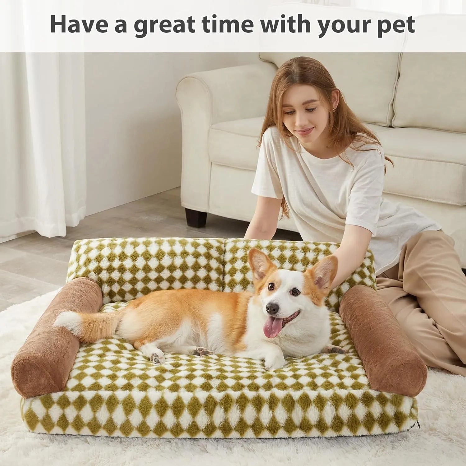 Checkered pattern pet sofa bed for small dog or cat with removable cover