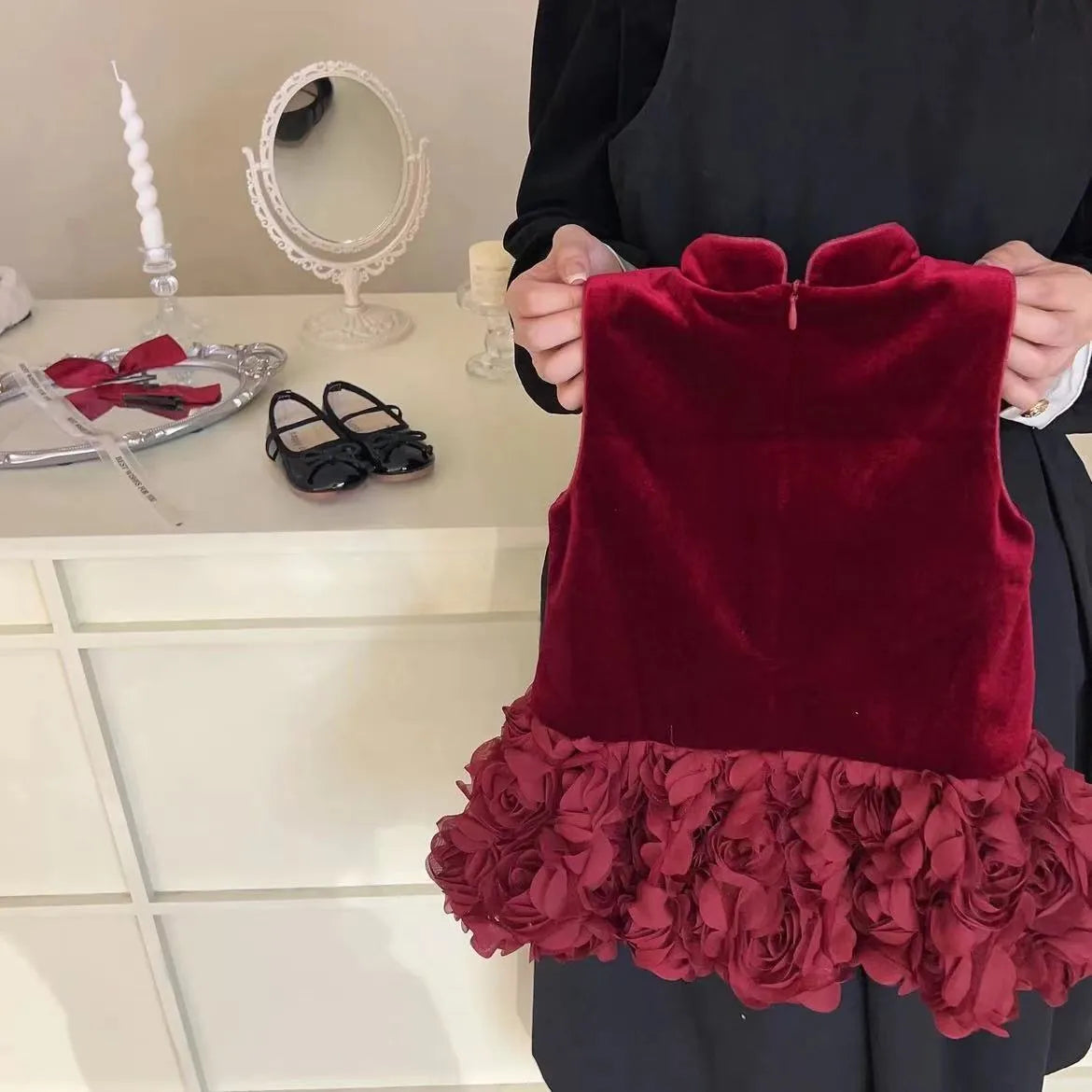 Girls' velvet padded cheongsam dress with flower pattern in bud skirt colour, cotton fabric, available for heights 80-140cm