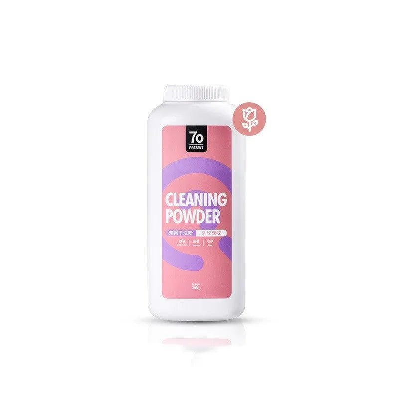 Bottle of dog dry cleaning powder deodorant in 260g size with choice of rose, orange or menthol fragrance