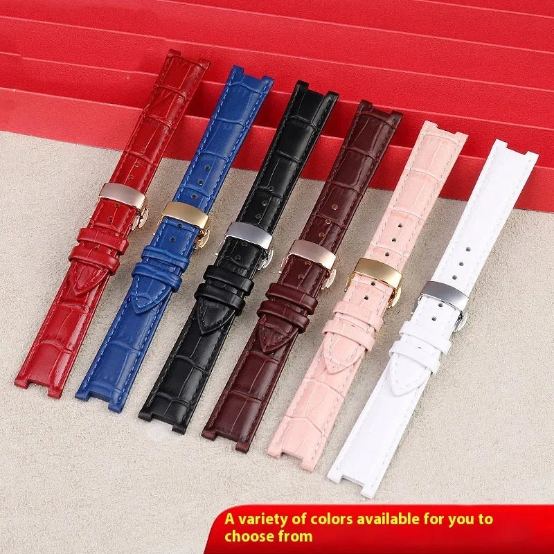 Women's genuine leather watch strap with notch design and pin buckle in black steel finish on a white background