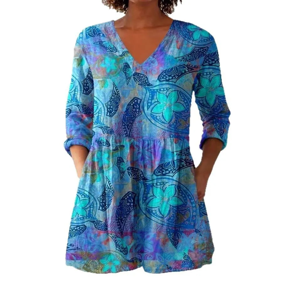 Women's retro print long-sleeved polyester top on a hanger, showing slim fit and detailed digital pattern.