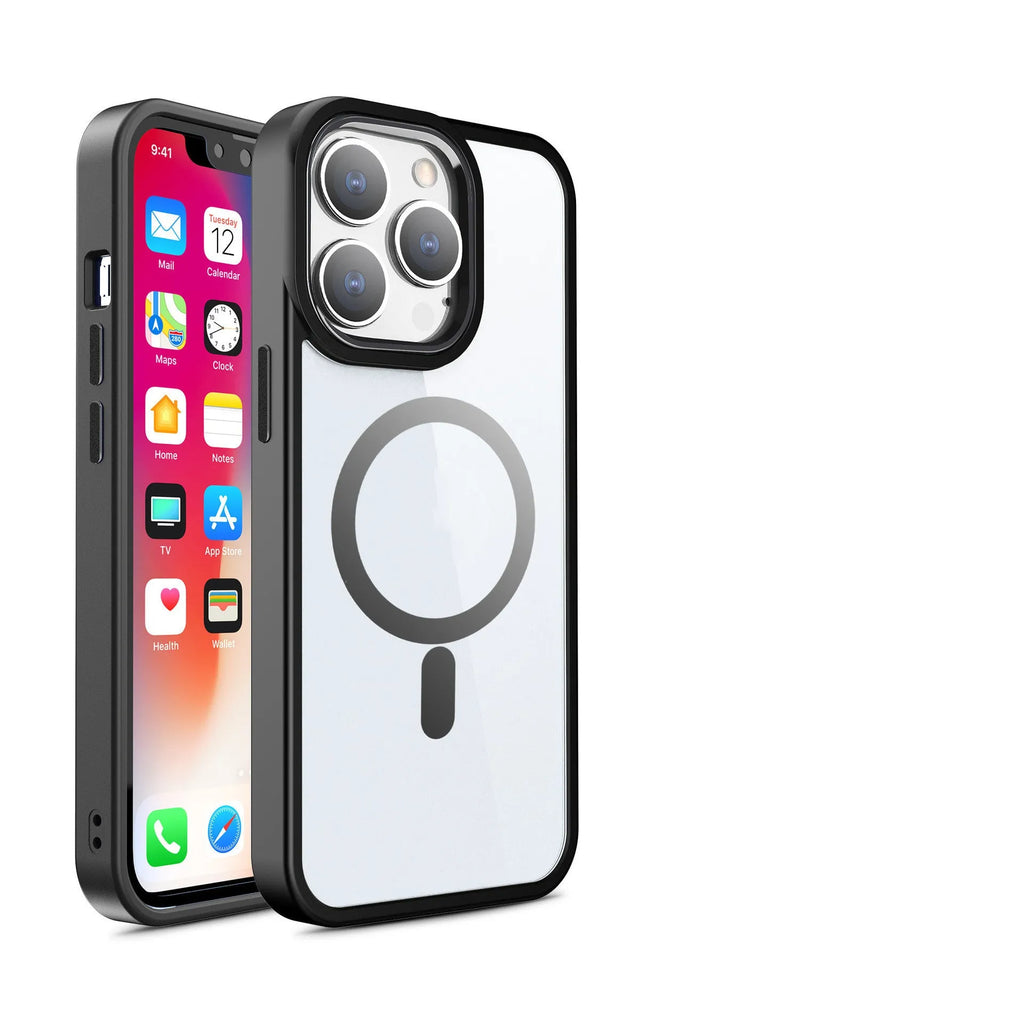Clear magnetic silicone phone case for iPhone showing MagSafe ring and raised screen bezel