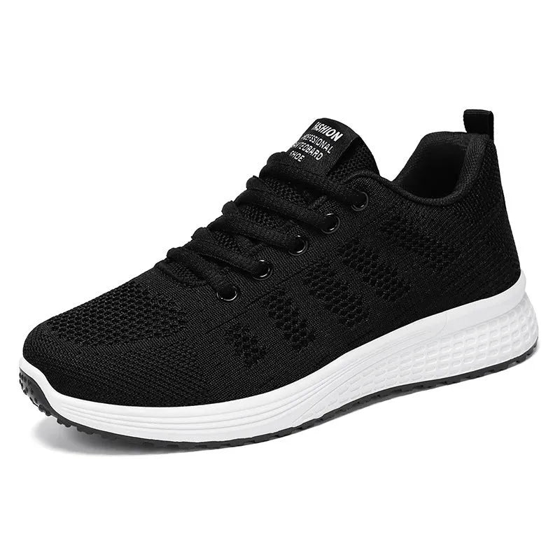 Women's Flyknit running shoes in black, rose red, and grey pink on a white background