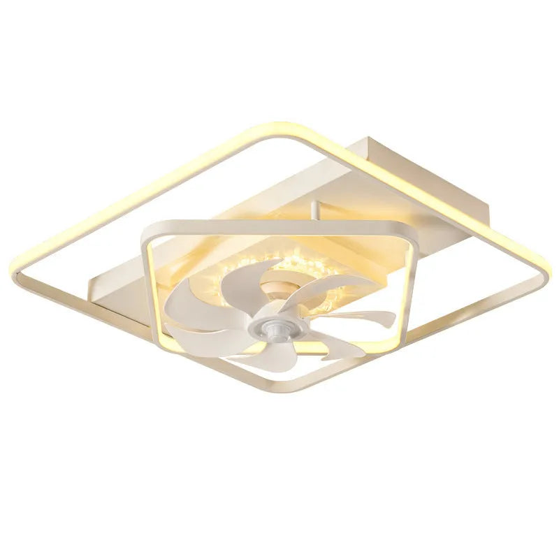 Modern thin suction ceiling fan lamp with acrylic light shade and plastic blades mounted on a white ceiling.