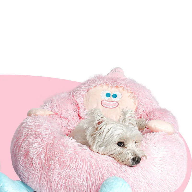 Grey long plush pet nest bed for a cat or dog, showing its round kennel shape and thick material.