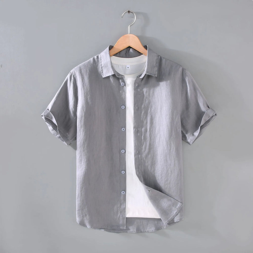Men's casual short-sleeved linen shirt in cardigan style with regular fit