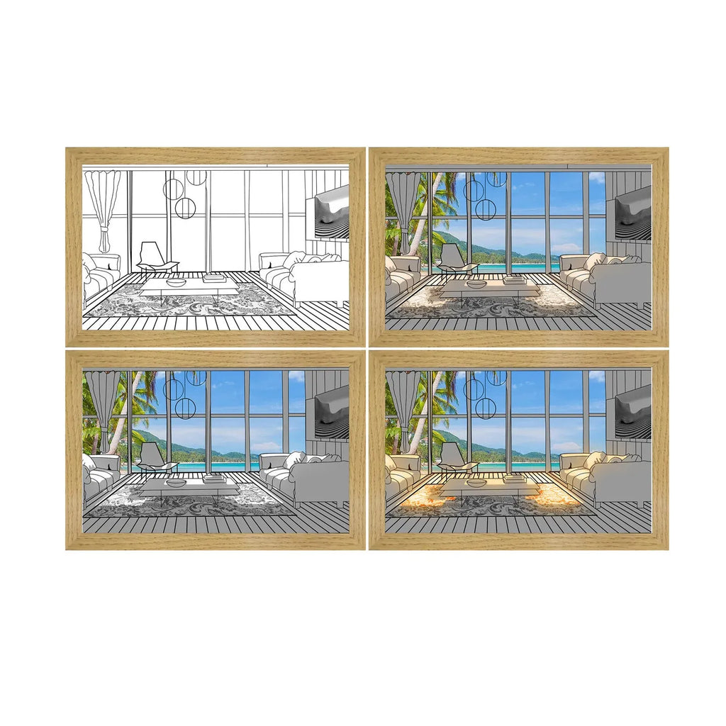 Illuminated LED picture decorative light in a wooden frame showing a scenic image, with USB cable.