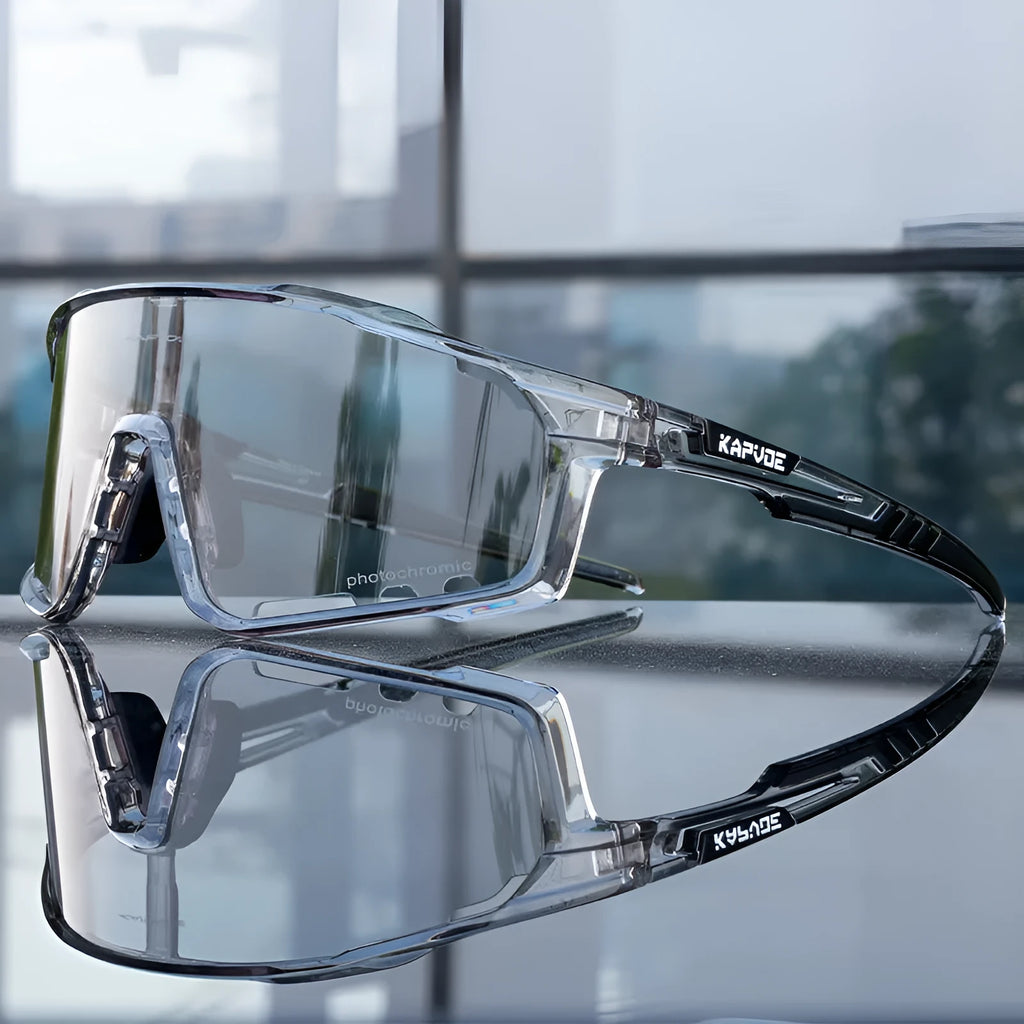 Photochromic cycling sunglasses with semi-rimless TR90 frame in one of 14 colour options.