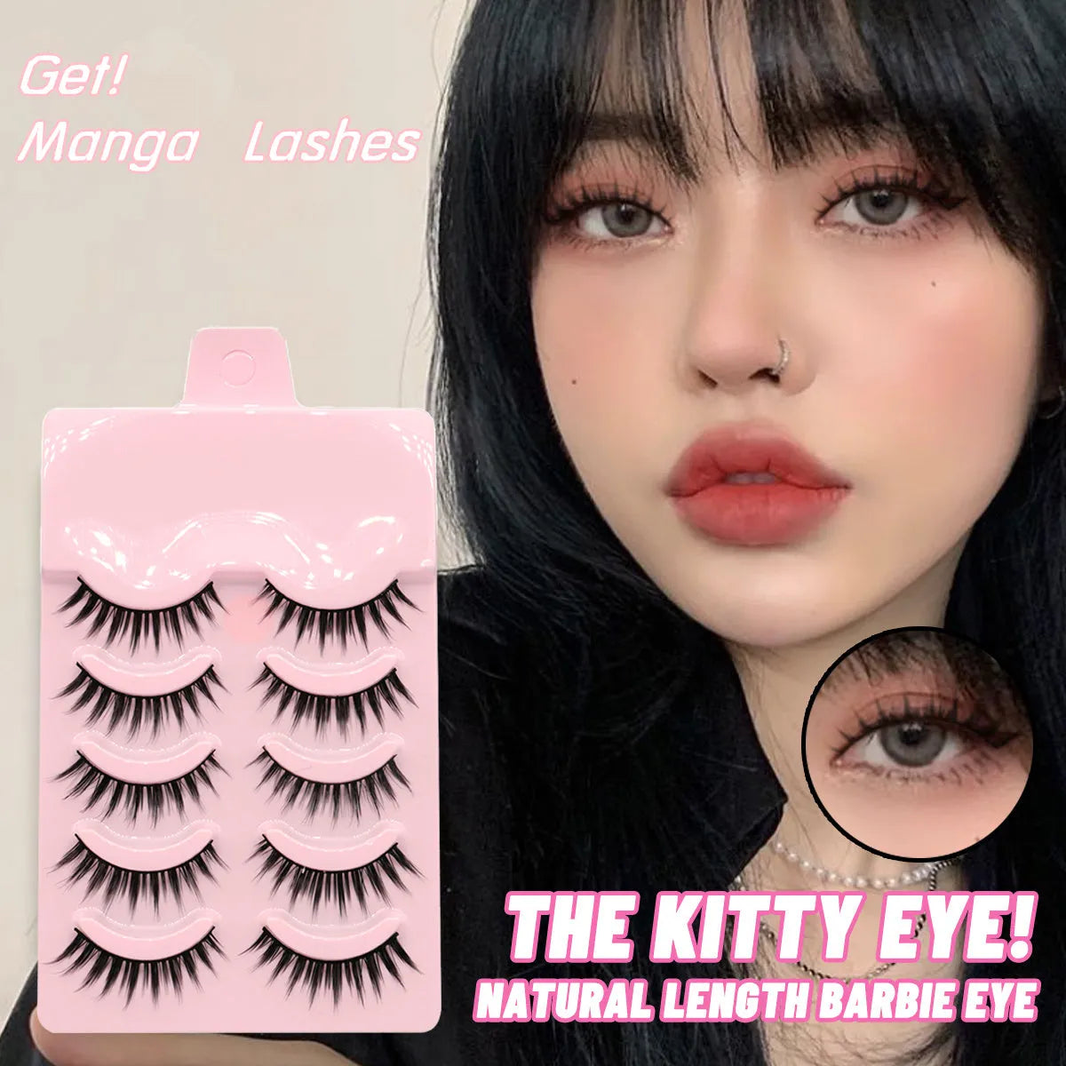 Bundle of manga false eyelashes showing three wispy styles 007, 008, and 009 on a black plastic terrier strip.