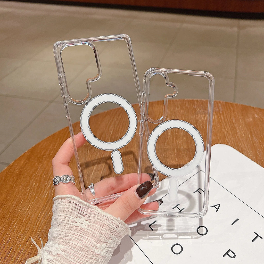 Transparent magnetic silicone phone case for Samsung Galaxy smartphones showing clear design