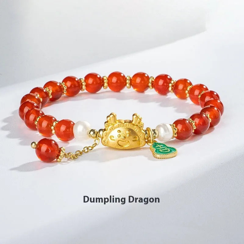Close-up of an 8mm diamond-shaped bead bracelet in red agate, showing its unisex design.