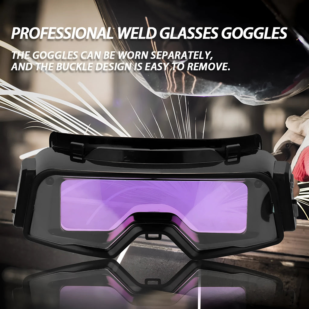 Black automatic darkening welding mask glasses with large rectangular lens for arc welding protection.