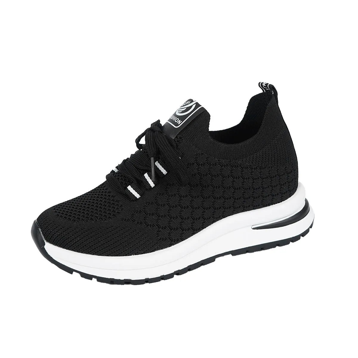 Women's black and white mesh lace-up flat pumps with a round toe and rubber sole.