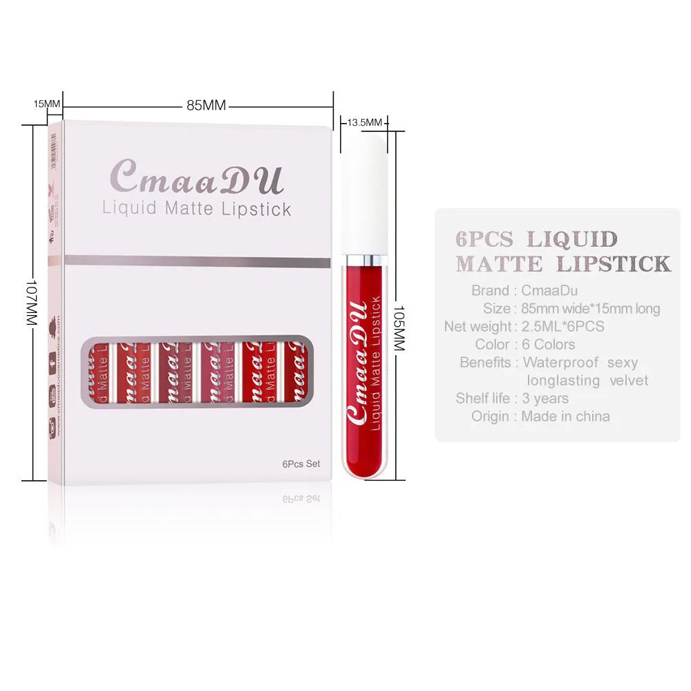 Six boxes of matte finish waterproof lip gloss with non-stick cup applicators in assorted colours.