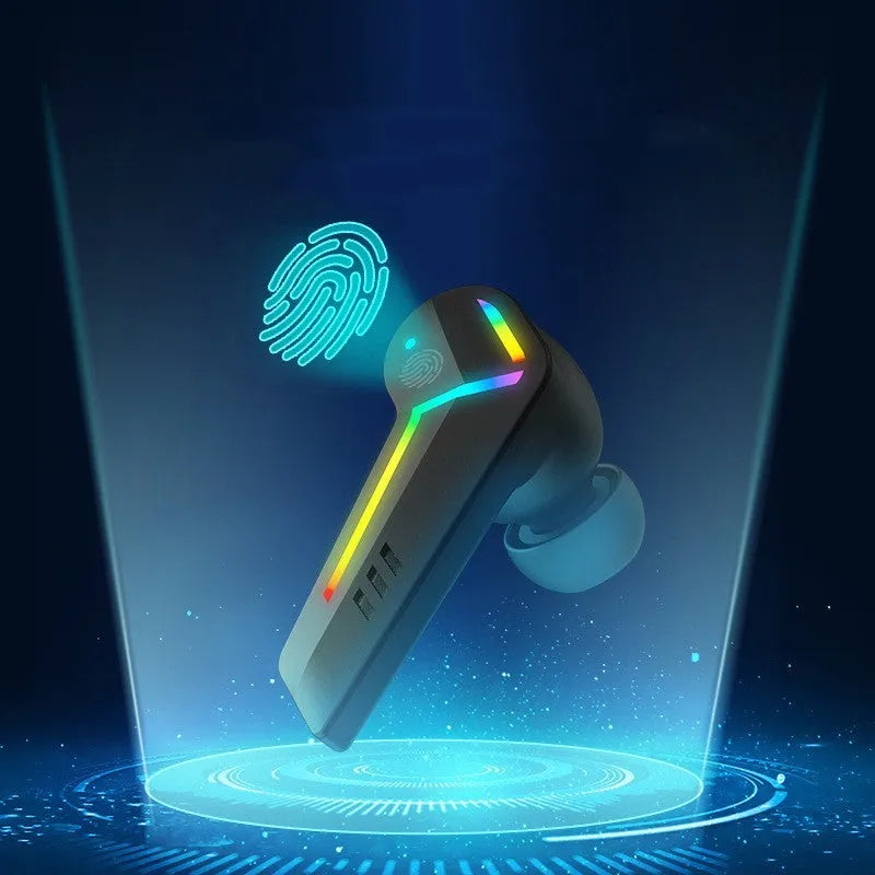 Small black wireless Bluetooth earplug headset for sports and gaming.