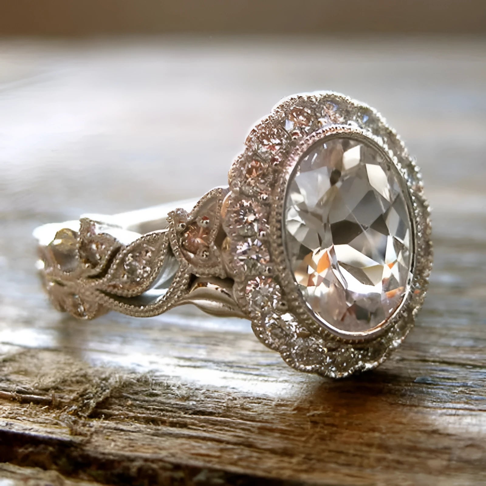 Women's geometric ring with round zircon stone and white gold coloured diamond copper plating