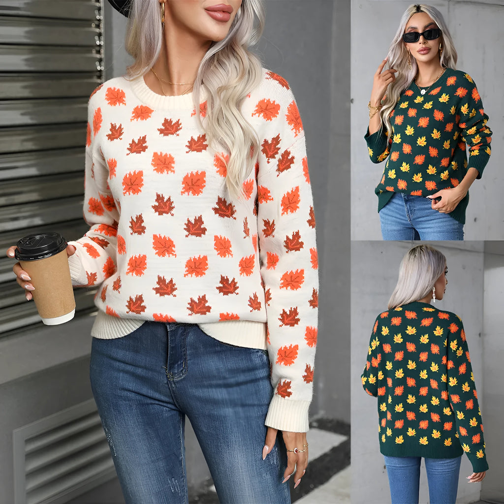 Beige maple leaf Christmas loose fit sweater with contrast colour detailing