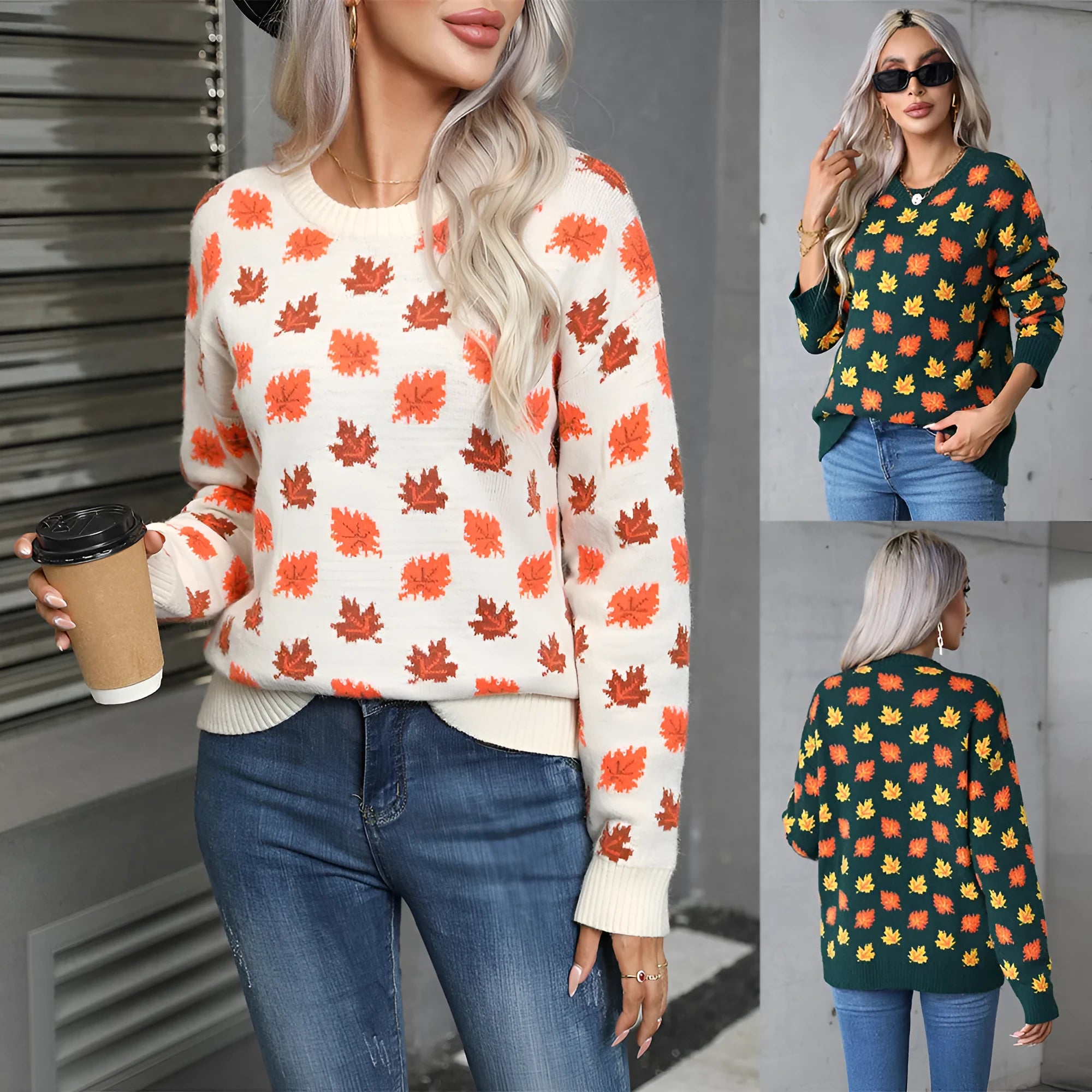 Beige maple leaf Christmas loose fit sweater with contrast colour detailing
