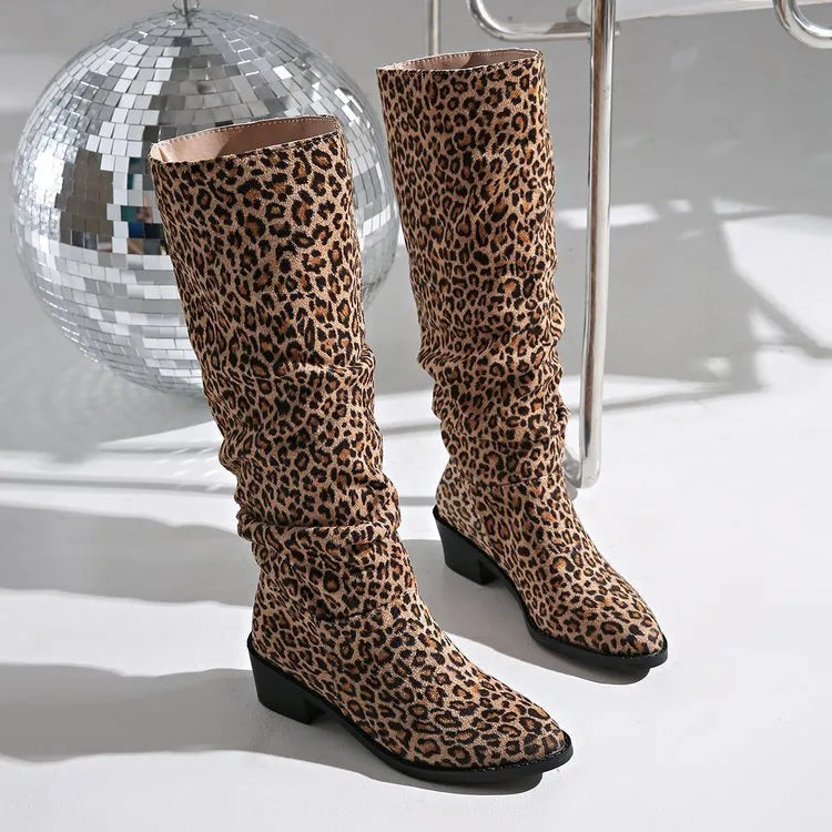 Brown leopard print women's ankle boots with a square toe and chunky block heel.