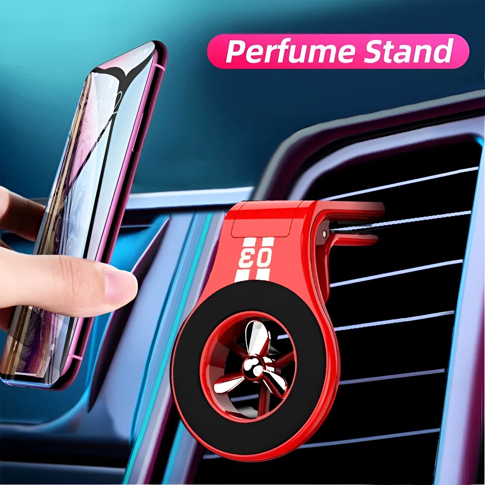Black magnetic car phone holder clipped to a car air vent, holding a smartphone.