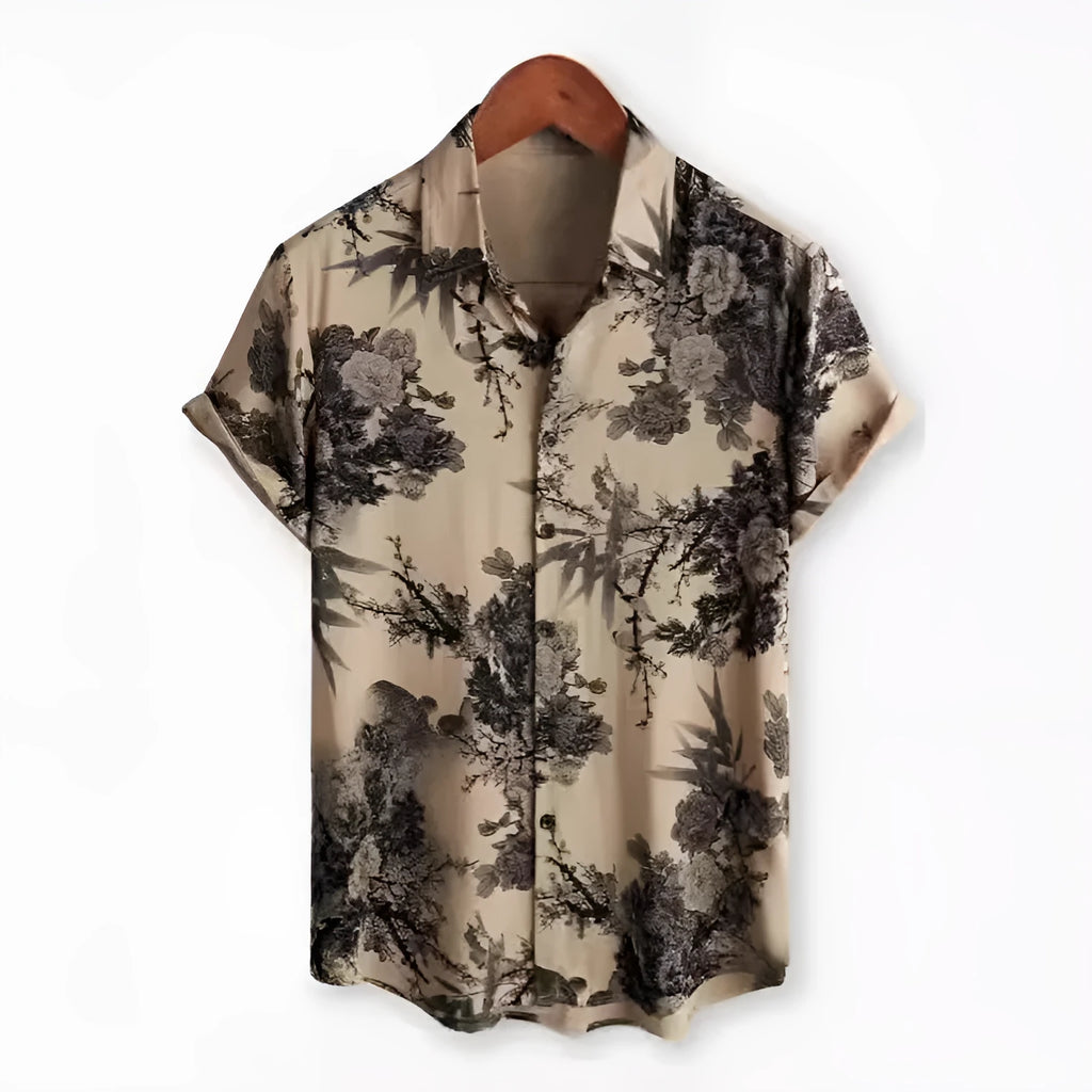 Hawaiian floral print lapel short sleeve shirt in street fashion style with elastic fabric
