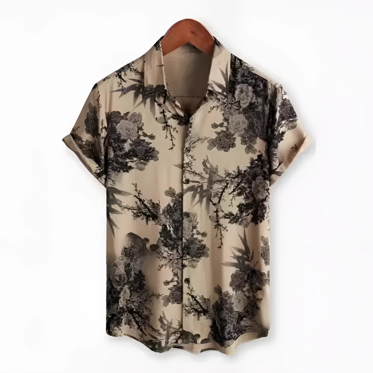 Hawaiian floral print lapel short sleeve shirt in street fashion style with elastic fabric