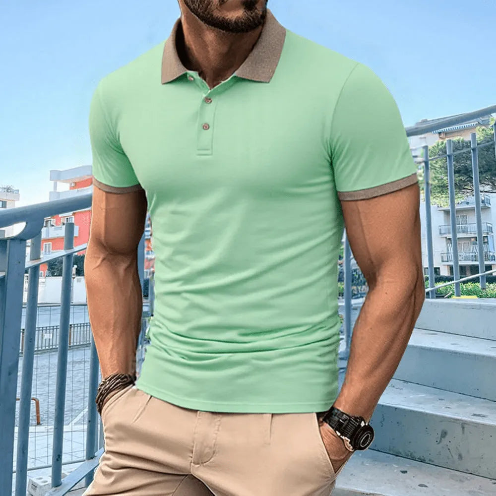 Summer polo shirt in ice silk polyester with short sleeves and flocking detail