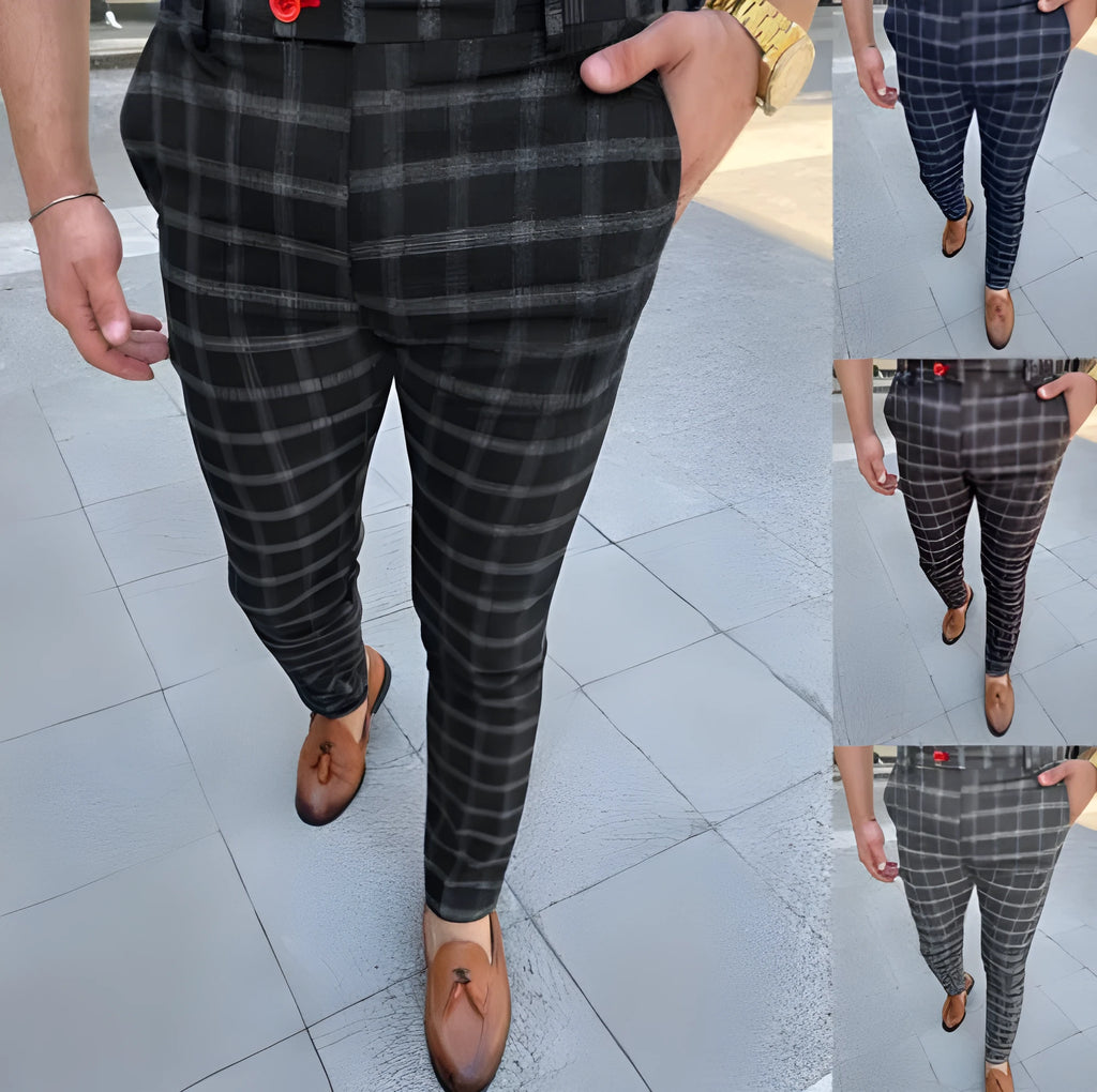 Men's business checked casual trousers in polyester, available in grey, black, blue, brown, sizes S to 3XL