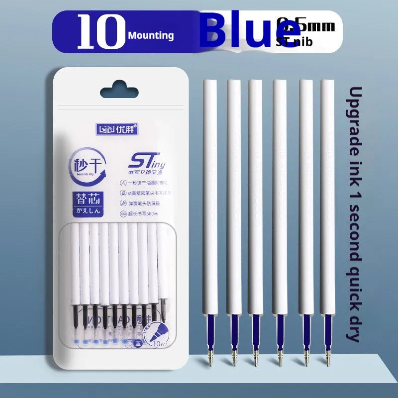 A pack of 10 quick-drying pen refills in black, red, blue, and ink blue colours.