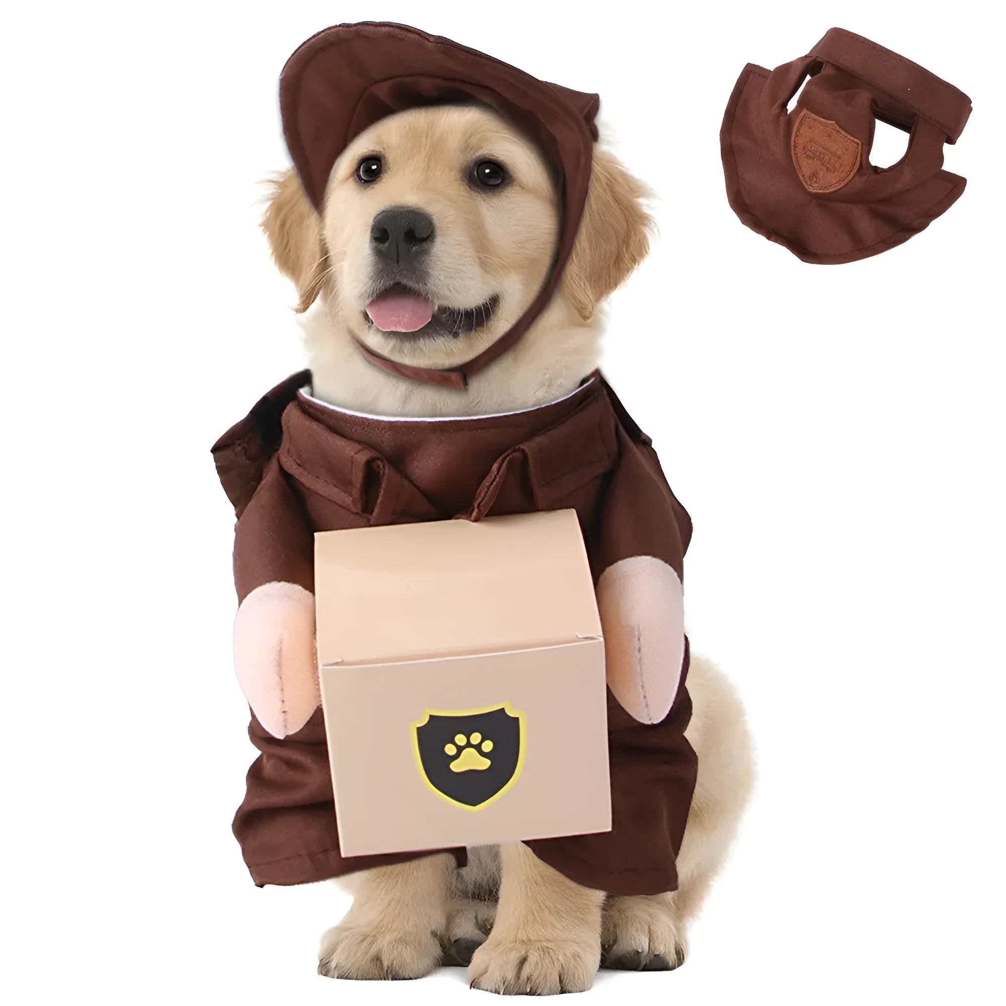 Coffee brown pet jacket with humorous courier delivery design for dogs and cats