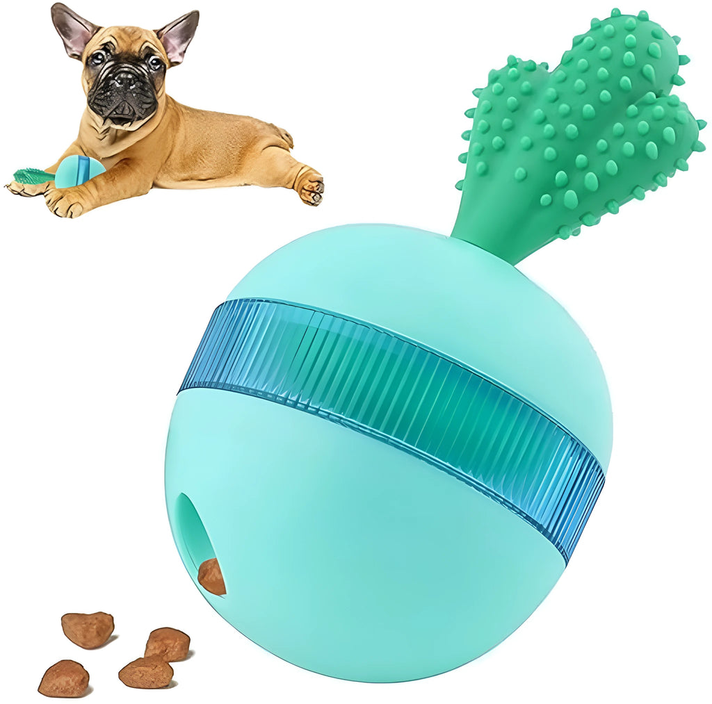 Blue durable rubber tumbler ball dog toy with small treat holes on a plain background.