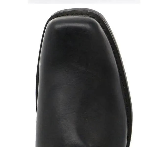 Men's brown vintage cowboy boots with a large metal buckle ring on the high top.