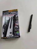 Black multi-function survival pen with built-in LED flashlight and pointed steel window breaker tip.