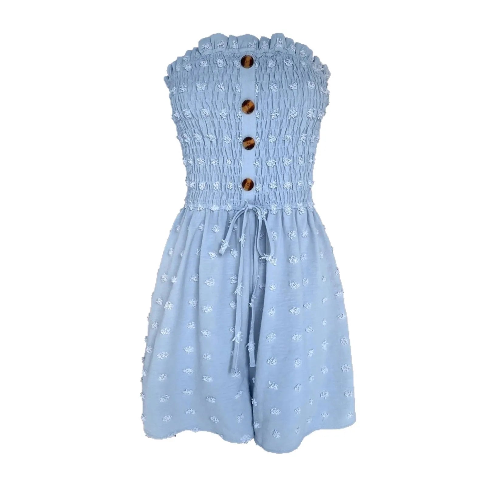 Women's blue sleeveless off-shoulder jumpsuit with button detailing and mid waist design