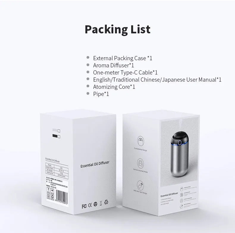 USB car aroma diffuser with wooden grain finish, 2000mAh battery, and 10ml oil bottle