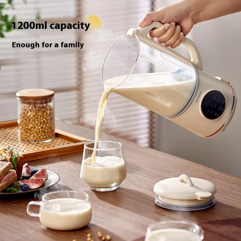 Automatic household soybean milk machine with glass body in milky white colour showing touch controls