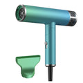 Green and purple foldable portable hair dryer with a compact, lightweight design shown open and folded.