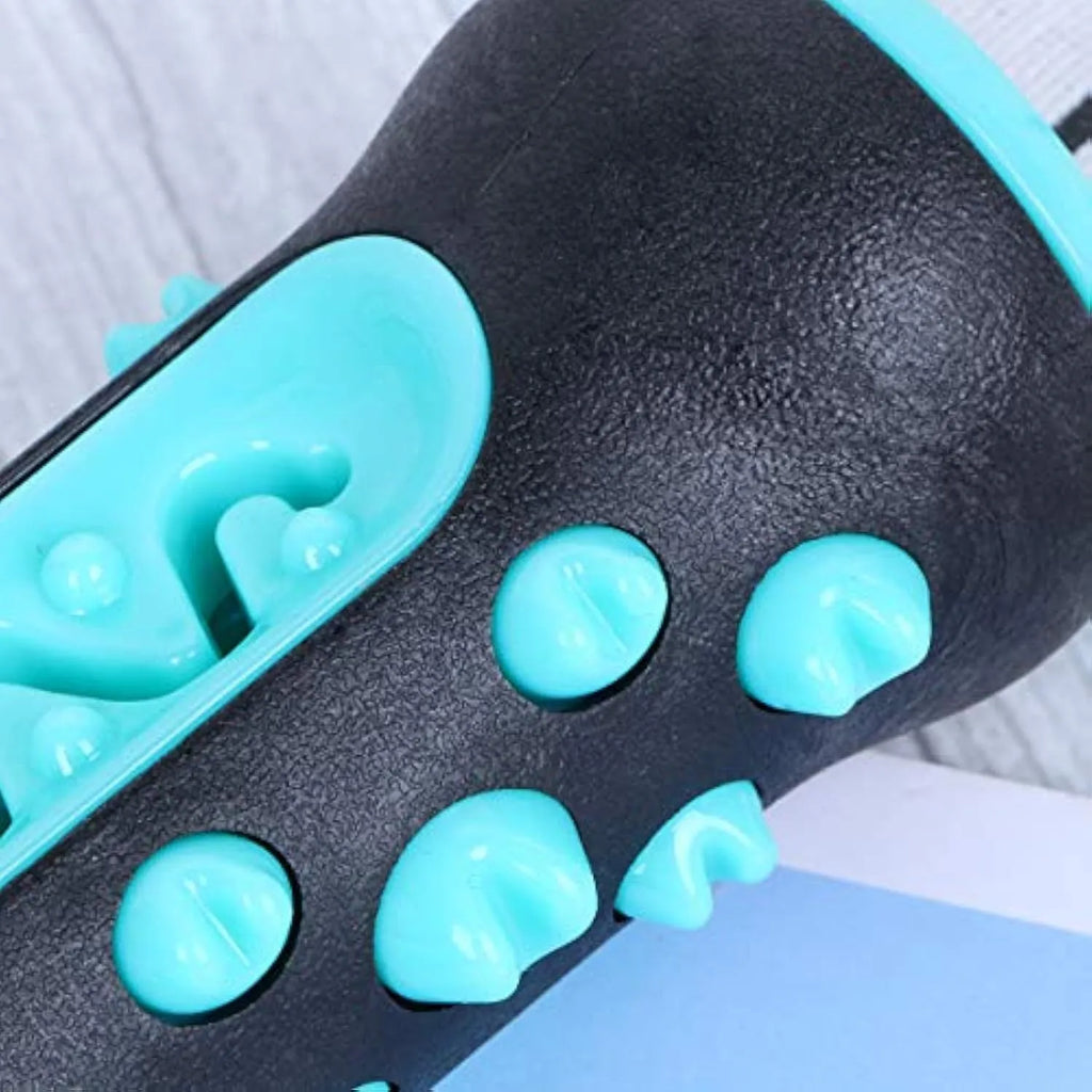 Natural rubber dog dental chew toy with textured toothbrush surface in blue colour