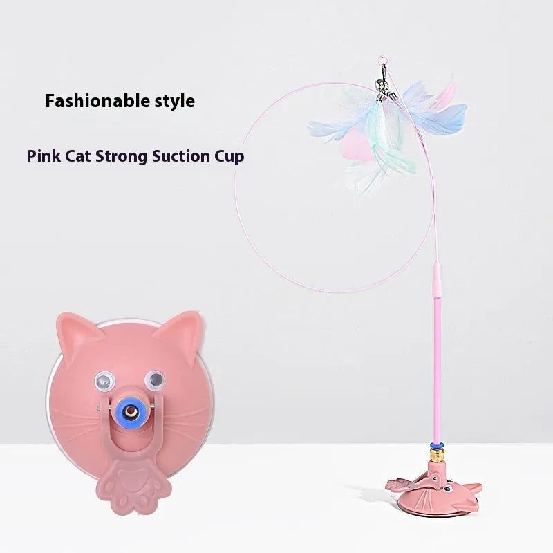 Cat teaser stick toy with suction cup base and colourful interchangeable head attachments