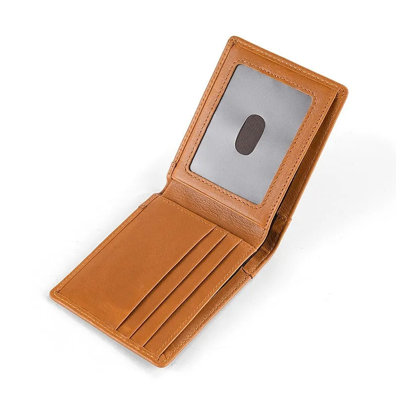 Men's polished genuine leather wallet in brown with vertical card slots and cowhide lining