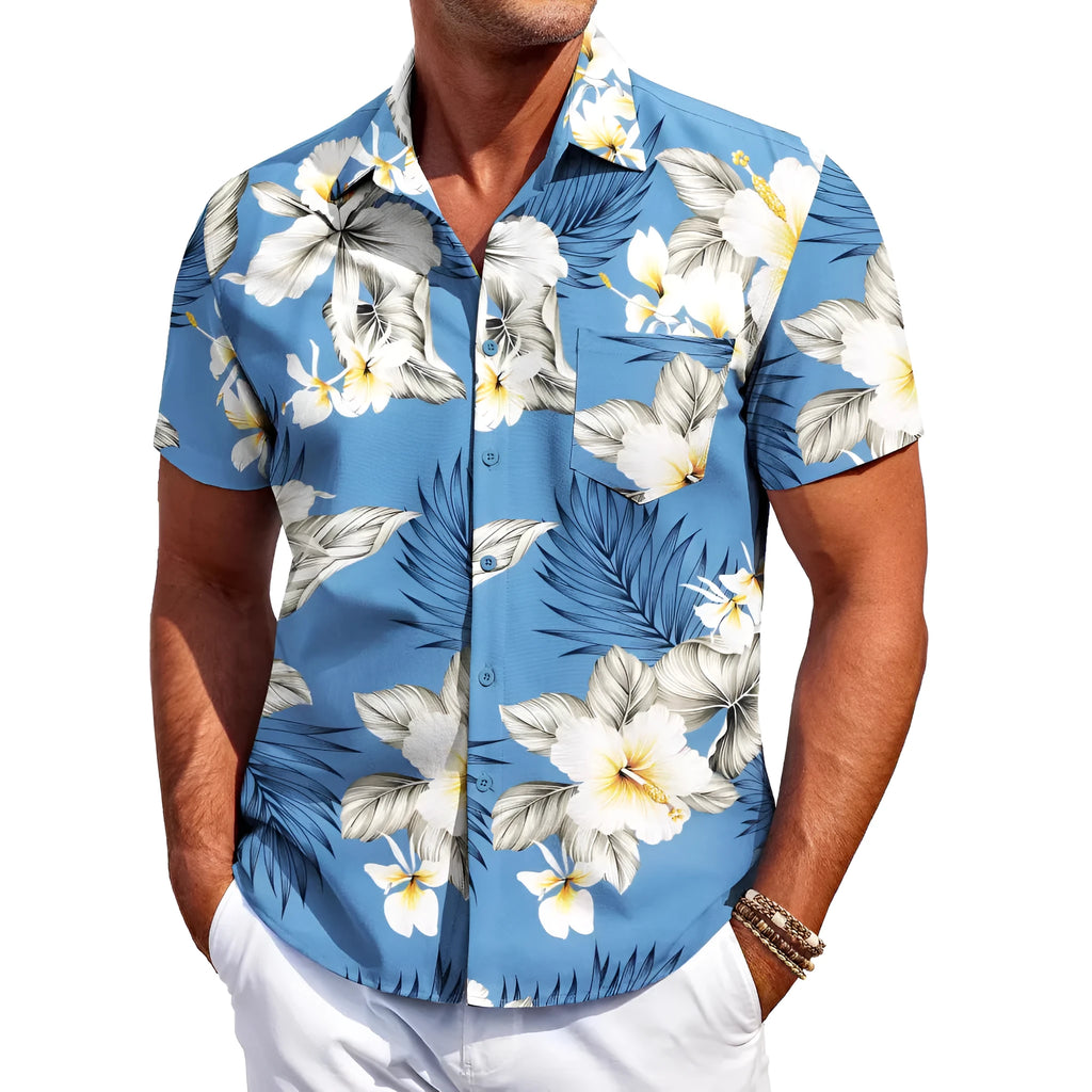 Men's slim fit short sleeve Hawaiian shirt in a cardigan style on a hanger.