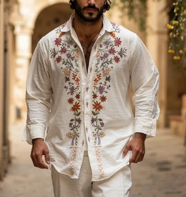 Men's loose-fit cardigan with long sleeves and a 3D printed retro pattern, in a single colour.