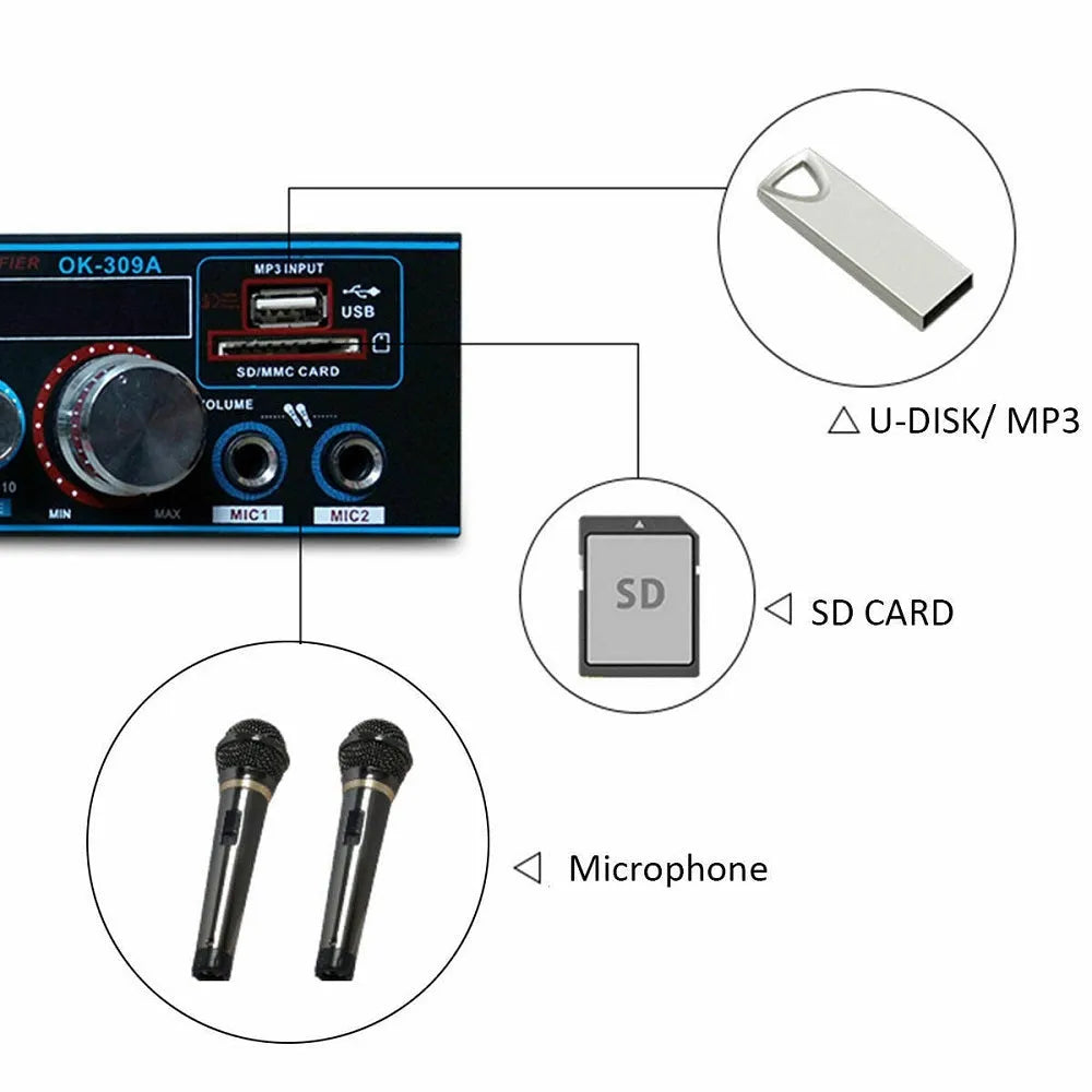 BT-309A-A black power amplifier with Bluetooth and recording functions for home and car audio